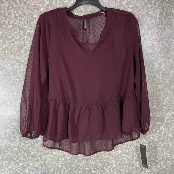 Massini NWT Women's Burgundy Boho Swiss Dot Peasant Blouse - Size Large - Sheer - Picture 1 of 7
